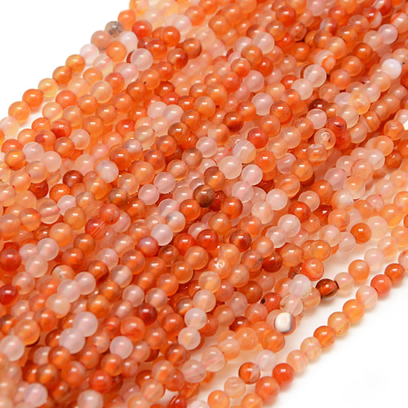 Carnelian Stone Beads, Round, Orange Red Color. Semi-Precious Gemstone Beads for DIY Jewelry Making.   Size: 4mm Diameter, Hole: 1mm; approx. 92pcs/strand, 15" Inches Long.  Material: Premium Grade Carnelian Stone Beads. High Quality Stone Beads. Variance of Orange and Red Color. Shinny, Polished Finish. Also Referred to as Carnelian Agate. 