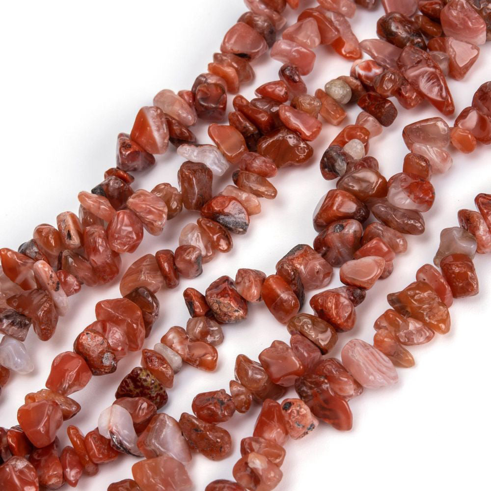 Genuine Carnelian Agate Chip Beads, Semi-Precious Stone Chips for DIY Jewelry Making.  Size: approx. 3-8mm wide, 3-16mm long, hole: 1mm; approx. 32" Inches Long.  Material: Natural Red Carnelian Beads Chips. Red Colored Chip Beads. Polished, Shinny Finish.