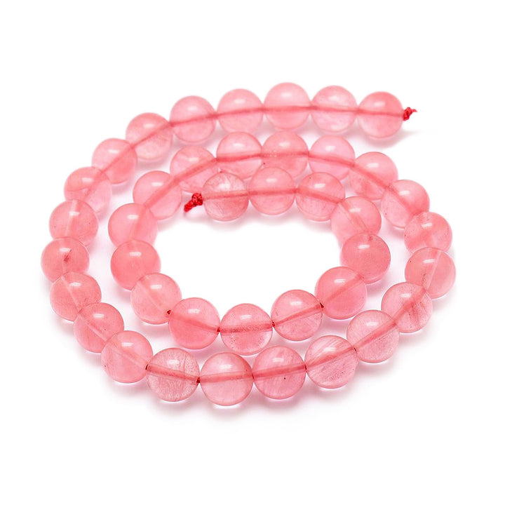 Natural Cherry Quartz Beads, Round, Clear Rose Pink Color. Semi-Precious Gemstone Beads for DIY Jewelry Making. Gorgeous, High Quality Natural Stone Beads.  Size: 8mm Diameter, Hole: 1mm; approx. 46pcs/strand, 15" Inches Long.  Material: Natural Cherry Quartz Beads, High Quality, Affordable Crystal Beads. Pink Color. Polished, Shinny Finish. 