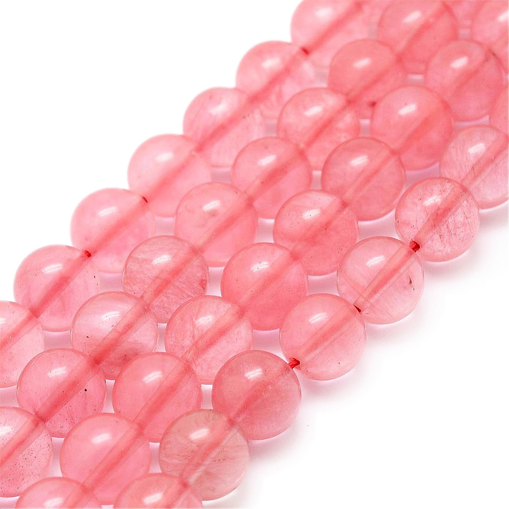 Natural Cherry Quartz Beads, Round, Clear Rose Pink Color. Semi-Precious Gemstone Beads for DIY Jewelry Making. Gorgeous, High Quality Natural Stone Beads.  Size: 8mm Diameter, Hole: 1mm; approx. 46pcs/strand, 15" Inches Long.  Material: Natural Cherry Quartz Beads, High Quality, Affordable Crystal Beads. Pink Color. Polished, Shinny Finish. 