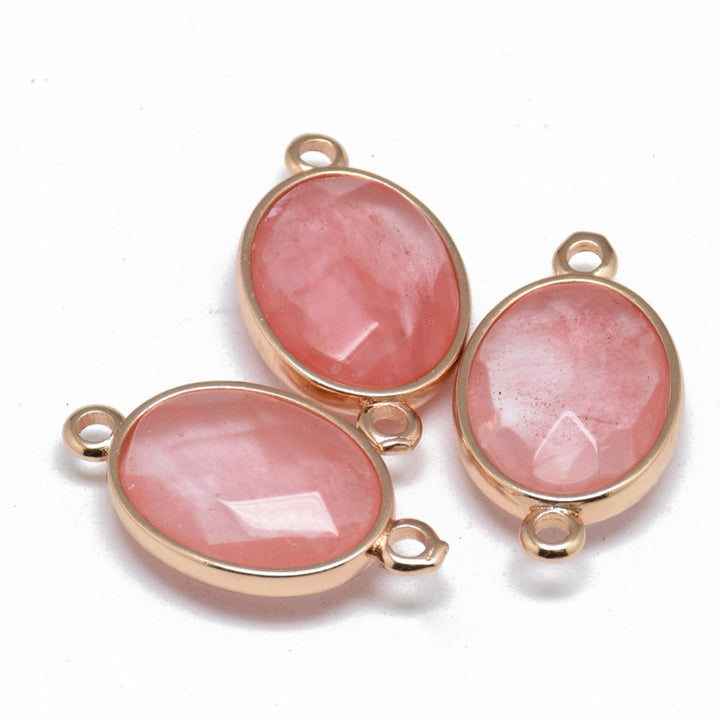 Faceted Natural Cherry Quartz Link Connectors, Oval Shape.  Light Pink Colored Connector for DIY Jewelry Making.   Size: 27mm Length, 14mm Width, 6mm Thick, Hole: 2mm, Quantity: 1pcs/bag.  Material: Genuine Cherry Quartz Stone Beads.  Oval Shaped with Golden Brass Findings.