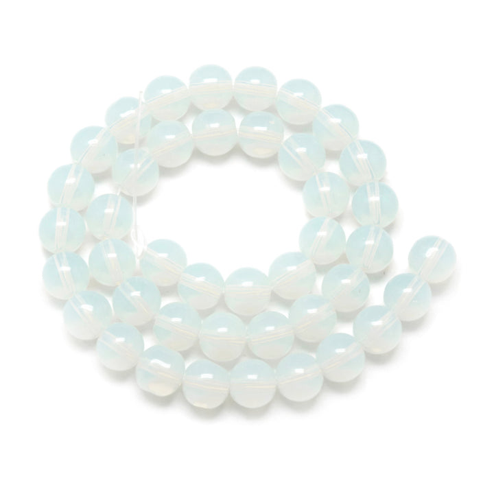 Opal Beads, Round, Clear White Color. Semi-Precious Gemstone Beads for DIY Jewelry Making. Affordable Beads.  Size: 10mm Diameter, Hole: 1mm; approx. 32-33pcs/strand, 12" Inches Long.  Material: Grade "AAA" Opal Beads, Synthetic Opalite Beads. Clear White Color. Polished, Shinny Finish. 