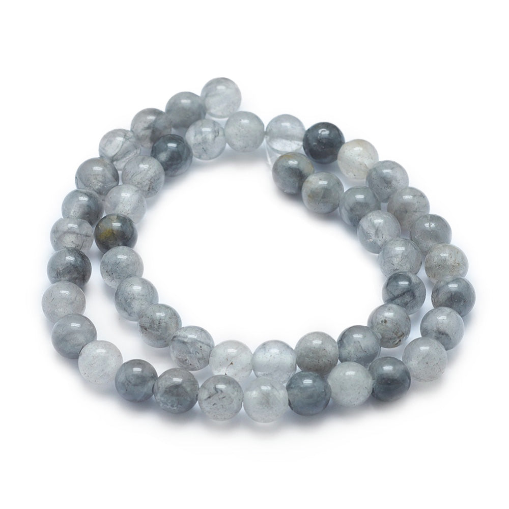 Natural Cloudy Quartz Beads, Round, Cloudy Grey Blue Color. Semi-Precious Gemstone Beads for DIY Jewelry Making.   Size: 8mm Diameter, Hole: 1mm; approx. 45pcs/strand, 15" Inches Long.  Material: Natural Cloudy Quartz Beads, Gray Color. Polished, Shinny Finish. 