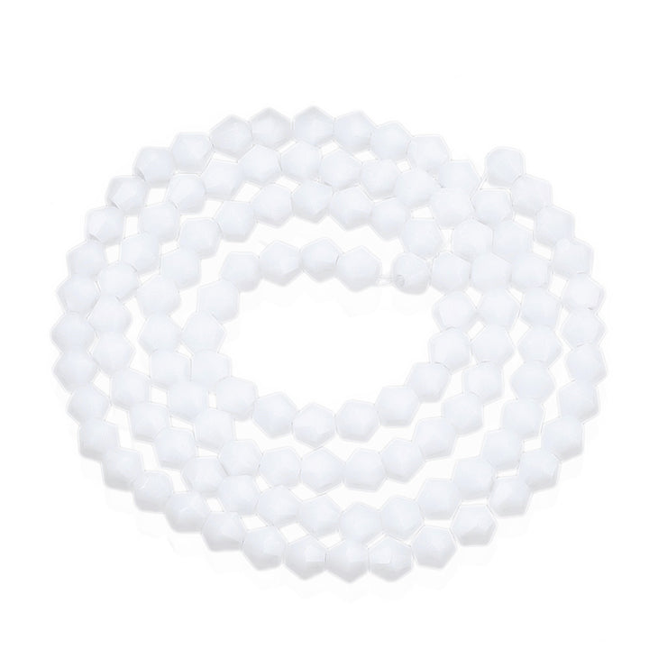 Opaque Glass Beads, Faceted, Creamy White Color, Bicone, Crystal Beads for Jewelry Making.  Size: 4mm Length, 4mm Width, Hole: 1mm; approx. 92pcs/strand, 13.75" inches long.  Material: The Beads are Made from Glass. Austrian Crystal Imitation Glass Crystal Beads, Bicone, Opaque Creamy White Colored Beads. Polished, Shinny Finish. 