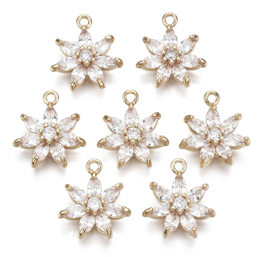 Brass Micro Pave Cubic Zirconia Flower Charm Beads, Gold Color Flower Charm with Clear Cubic Zirconia for DIY Jewelry Making. Charms for Bracelet and Necklace Making.  Size: 15mm Length, 13mm Width, 3.5mm Thick, Hole: 1.4mm, Quantity: 1pcs/package.