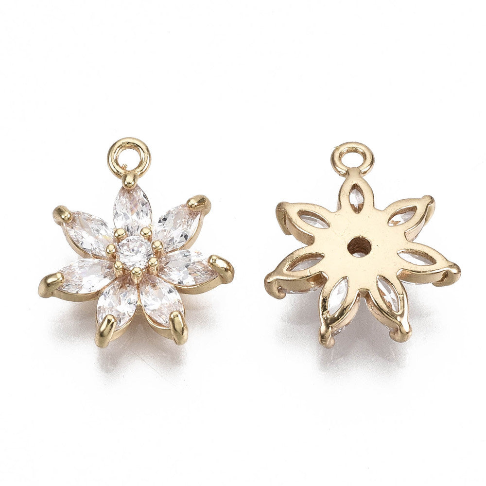 Brass Micro Pave Cubic Zirconia Flower Charm Beads, Gold Color Flower Charm with Clear Cubic Zirconia for DIY Jewelry Making. Charms for Bracelet and Necklace Making.  Size: 15mm Length, 13mm Width, 3.5mm Thick, Hole: 1.4mm, Quantity: 1pcs/package.