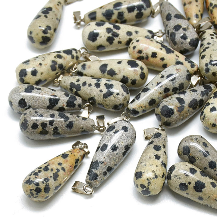 Natural Dalmatian Jasper Tear Drop Pendants, Cream Color. Semi-precious Gemstone Pendant for DIY Jewelry Making. Gorgeous Centre piece for Necklaces.  Size: 28mm Length, 10mm Wide Hole: 6x4mm, 1pcs/package.   Material: Genuine Natural Dalmatian Jasper Stone Pendant, Platinum Toned Brass Findings. High Quality, Tear Drop Shaped Stone Pendants. Shinny, Polished Finish. 