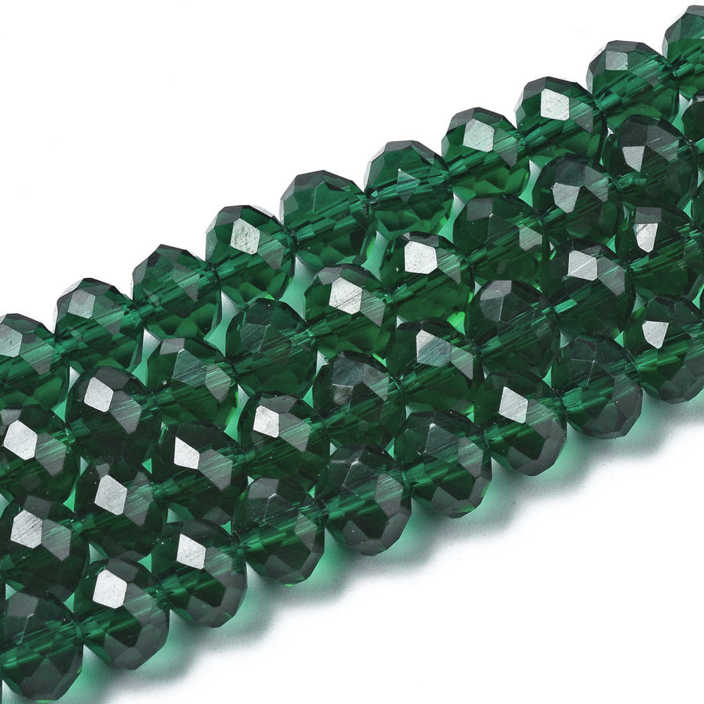 Glass Crystal Beads, Faceted, Emerald Green Color, Rondelle, Glass Crystal Bead Strands. Shinny Crystal Beads for Jewelry Making.  Size: 10mm Diameter, 7mm Thick, Hole: 1mm; approx. 60-65pcs/strand, 16" inches long.  Material: The Beads are Made from Glass. Glass Crystal Beads, Rondelle, Deep Emerald Green Colored Beads. Polished, Shinny Finish.   