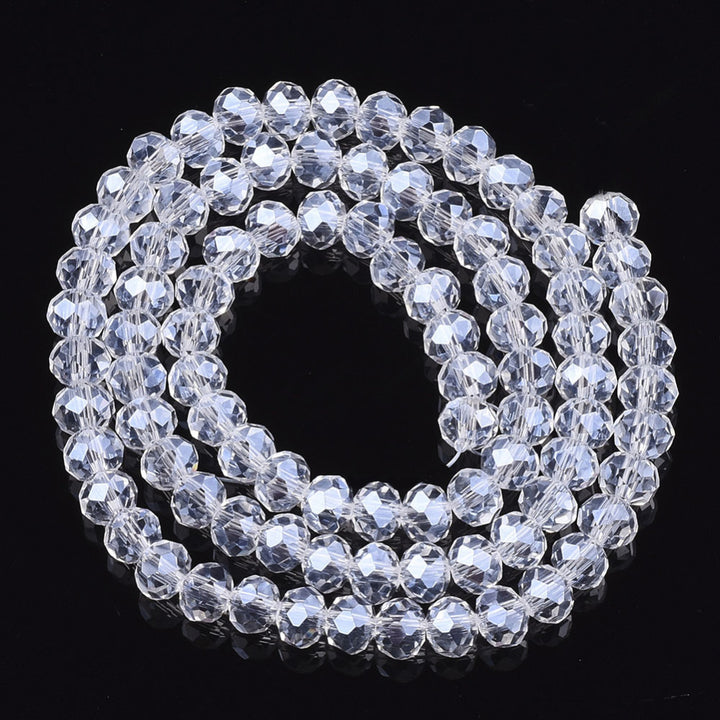 Electroplated Glass Crystal Beads, Faceted, Clear Color, Rondelle, Pearl Luster Plated Glass Crystal Beads for Jewelry Making.  Size: 8mm Diameter, 6mm Thick, Hole: 1mm; approx. 68-72pcs/strand, 15" inches long.  Material: The Beads are Made from Glass. Glass Crystal Beads, Rondelle, AB Color Plated Transparent Clear Austrian Crystal Imitation Beads. Polished, Shinny Finish.