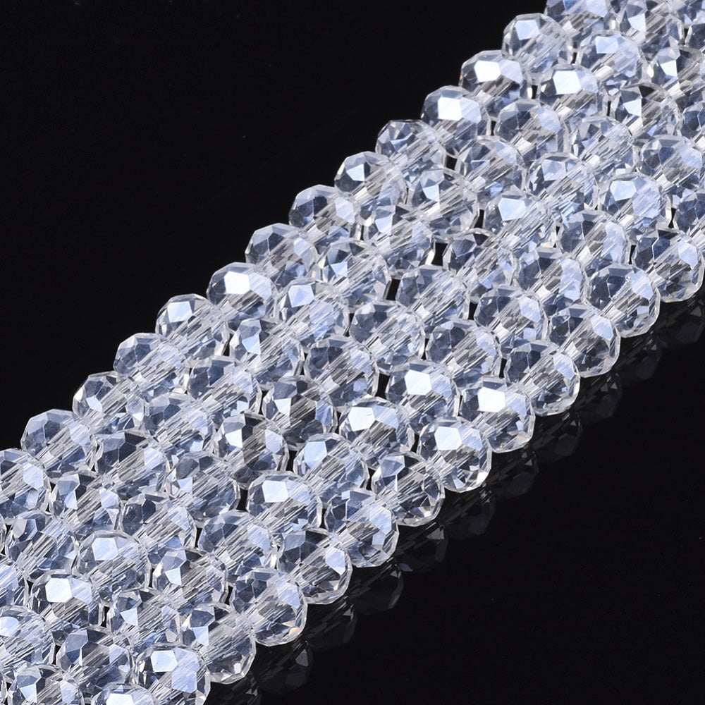 Electroplated Glass Crystal Beads, Faceted, Clear Color, Rondelle, Pearl Luster Plated Glass Crystal Beads for Jewelry Making.  Size: 8mm Diameter, 6mm Thick, Hole: 1mm; approx. 68-72pcs/strand, 15" inches long.  Material: The Beads are Made from Glass. Glass Crystal Beads, Rondelle, AB Color Plated Transparent Clear Austrian Crystal Imitation Beads. Polished, Shinny Finish.