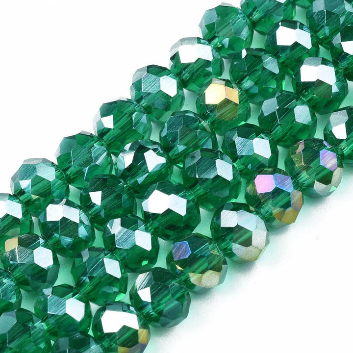 Electroplated Glass Beads, Faceted, Rondelle, Sea Green Color, Glass Crystal Beads for Jewelry Making.  Size: 6mm Diameter, 5mm Thick, Hole: 1mm; approx. 85pcs/strand, 16" inches long.  Material: The Beads are Made from Glass. Electroplated Glass Crystal Beads, Rondelle, Sea Green Color. Sparkling, Shinny Finish.