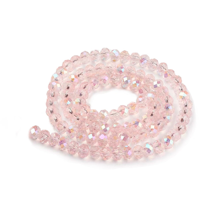 Electroplated Glass Beads, Faceted, Pink Color, Rondelle, Rainbow Plated Glass Crystal Beads. Shinny  Glass Beads for Jewelry Making.  Size: 8mm Diameter, 6mm Thick, Hole: 1mm; approx. 65-68pcs/strand, 15.5" inches long.  Material: The Beads are Made from Glass. Electroplated Austrian Crystal Imitation Glass Crystal Beads, Faceted, Rondelle, Pink Colored Rainbow Plated Beads. Polished, Shinny Finish. 