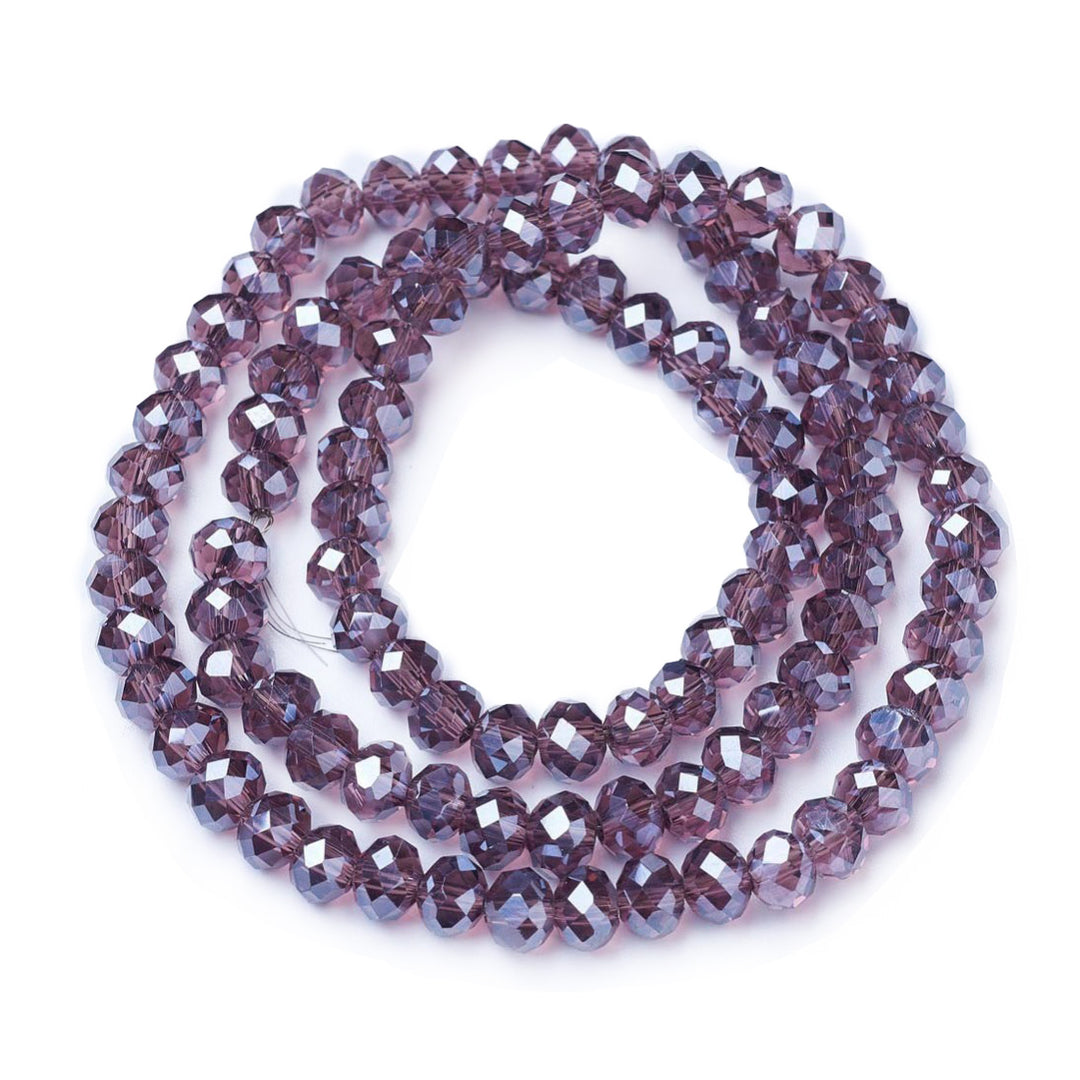 Electroplated Glass Beads, Faceted, Burgundy Purple Color, Rondelle, Pearl Luster Plated Glass Crystal Beads. Shinny  Glass Beads for Jewelry Making.  Size: 10mm Diameter, 8mm Thick, Hole: 1mm; approx. 65-68pcs/strand, 18" inches long.  Material: The Beads are Made from Glass. Austrian Crystal Imitation Glass Crystal Beads, Faceted, Rondelle, Burgundy Purple Color AB Color  Plated Beads. Polished, Shinny Finish. 