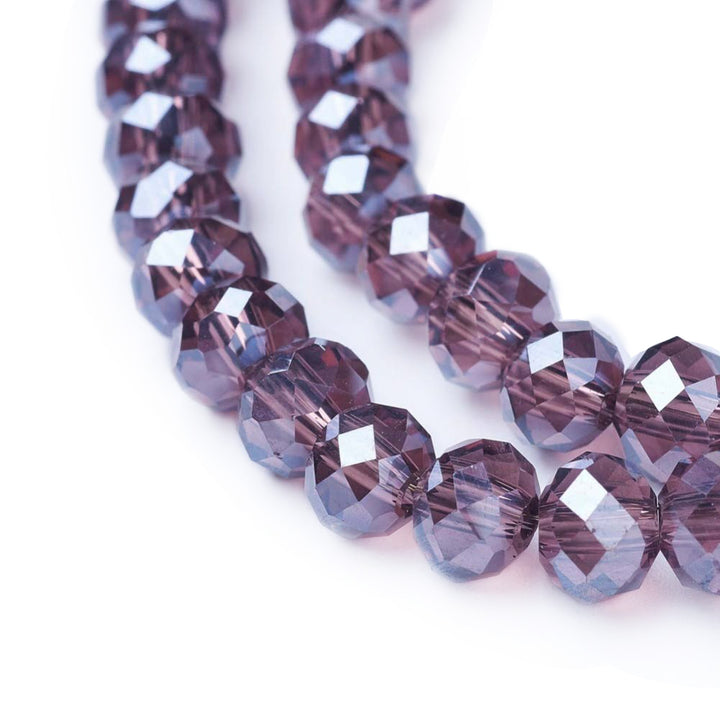 Electroplated Glass Beads, Faceted, Burgundy Purple Color, Rondelle, Pearl Luster Plated Glass Crystal Beads. Shinny  Glass Beads for Jewelry Making.  Size: 10mm Diameter, 8mm Thick, Hole: 1mm; approx. 65-68pcs/strand, 18" inches long.  Material: The Beads are Made from Glass. Austrian Crystal Imitation Glass Crystal Beads, Faceted, Rondelle, Burgundy Purple Color AB Color  Plated Beads. Polished, Shinny Finish. 