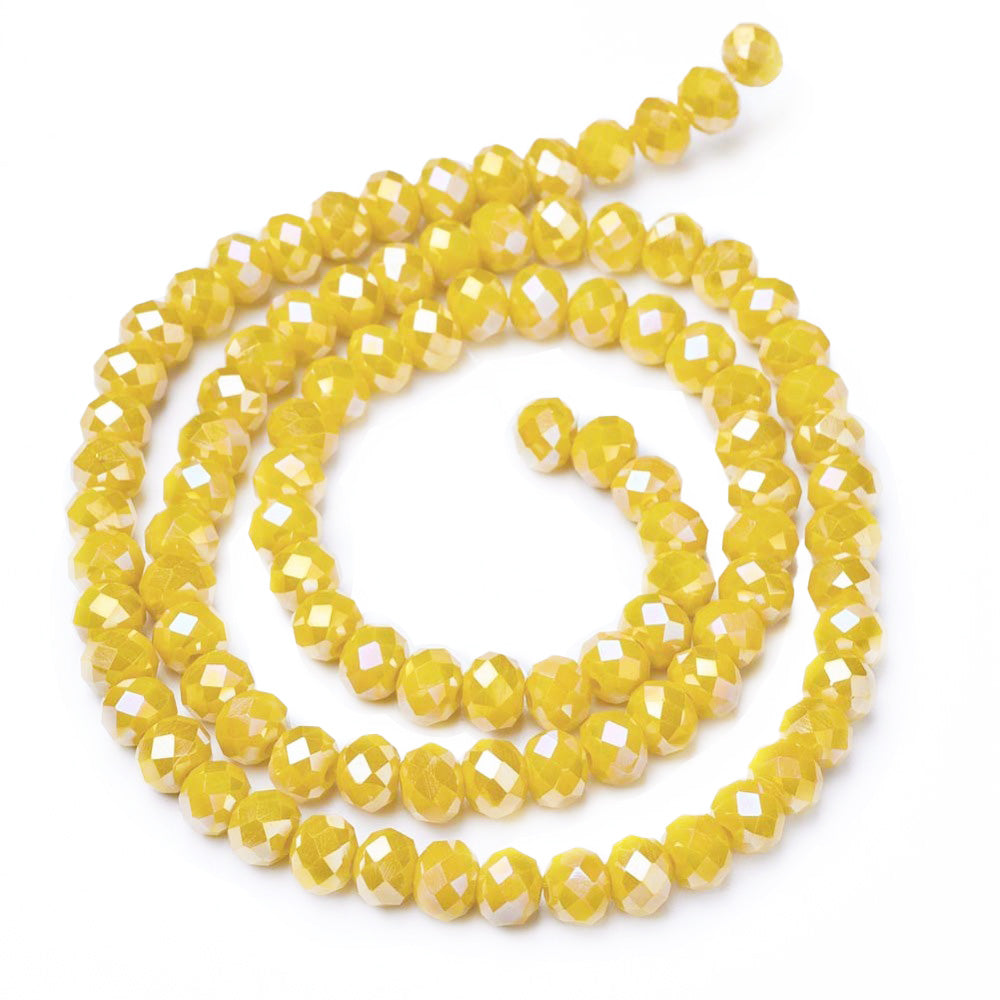 Electroplated Glass Crystal Beads, Faceted, Opaque Golden Yellow Color, Rondelle, AB Color Plated Glass Crystal Beads for Jewelry Making.  Size: 6mm Diameter, 5mm Thick, Hole: 1mm; approx. 90-94pcs/strand, 16" inches long.  Material: The Beads are Made from Glass. Electroplated Glass Crystal Beads, Rondelle, Bright Gold Yellow Color, AB Color Plated Beads. Polished, Shinny Finish.