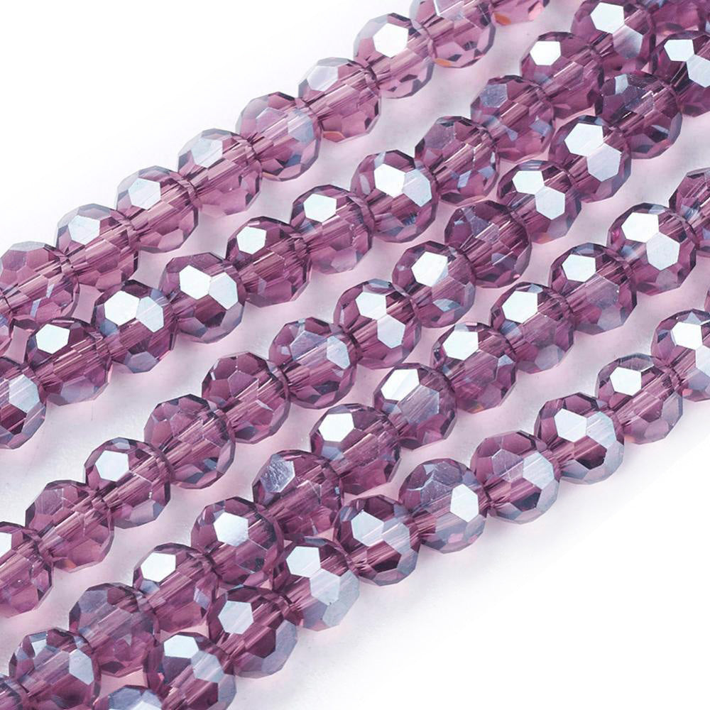 Electroplated Glass Beads, Round, Faceted, Purple Color, Pearl Luster Plated Glass Crystal Beads for Jewelry Making.  Size: 4mm Diameter, Hole: 0.5mm; approx. 92-100pcs/strand, 14" inches long.  Material: The Beads are Made from Glass. Electroplated Austrian Crystal Imitation Glass Crystal Beads, Faceted, Round, Purple Colored Pearl Luster Plated Beads. Shinny Finish. 