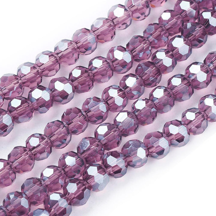 Electroplated Glass Beads, Round, Faceted, Purple Color, Pearl Luster Plated Glass Crystal Beads for Jewelry Making.  Size: 4mm Diameter, Hole: 0.5mm; approx. 92-100pcs/strand, 14" inches long.  Material: The Beads are Made from Glass. Electroplated Austrian Crystal Imitation Glass Crystal Beads, Faceted, Round, Purple Colored Pearl Luster Plated Beads. Shinny Finish. 