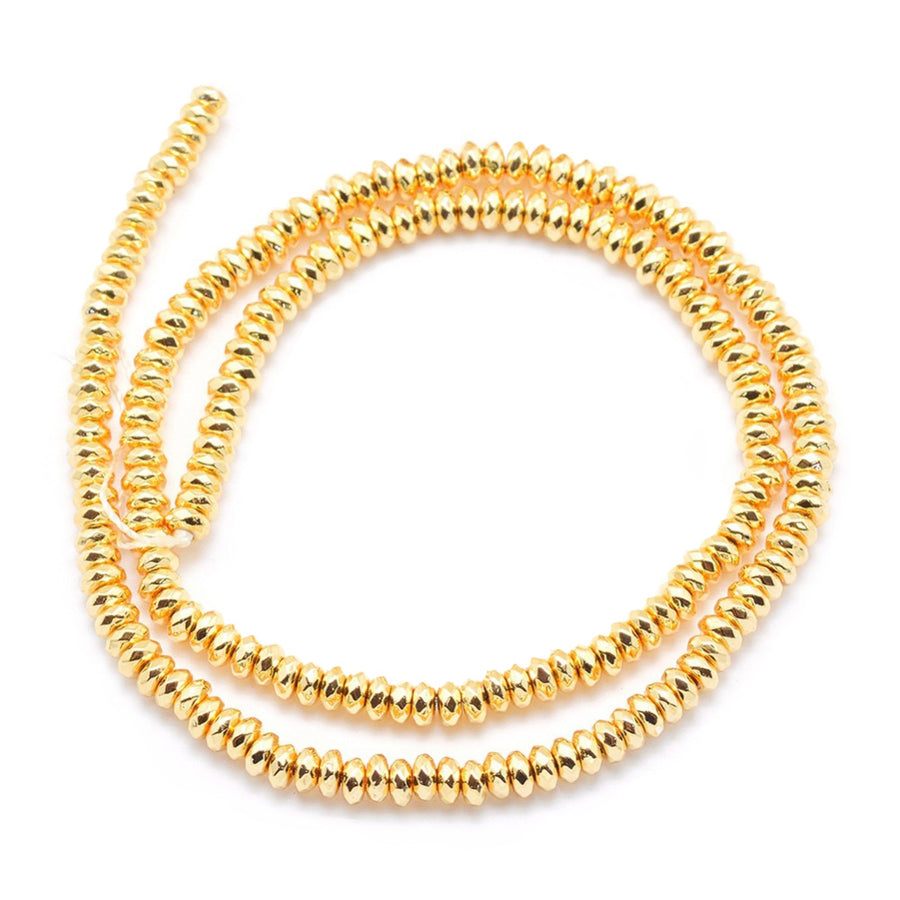 Premium Quality Electroplated Non-Magnetic Synthetic Hematite Beads, Gold Color Plated. Semi-Precious Stone Spacer Beads for Jewelry Making.   Size: 6mm Wide, 3mm Thick, Hole: 1mm, approx. 140pcs/strand, 15.5" Inches Long.  Material: Grade AA Non-Magnetic Synthetic Hematite Beads. Gold Color Plated. Rondelle Shape. Polished, Shinny Metallic Lustrous Finish. Long Lasting Plating.