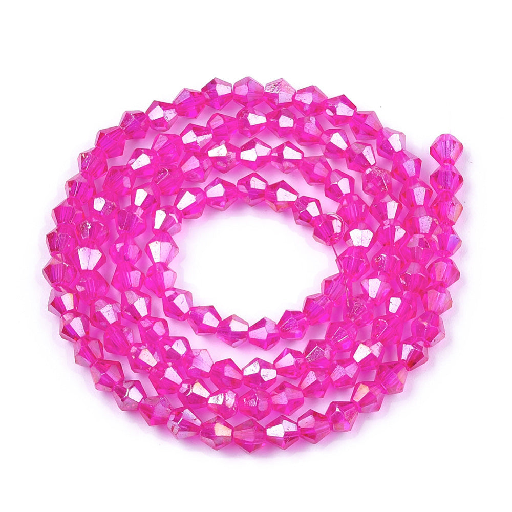 Magenta AB Color Plated Glass Crystal Beads, Electroplated, Faceted, Hot Pink Color, Bicone, Crystal Beads for Jewelry Making.  Size: 4mm Length, 4mm Width, Hole: 1mm; approx. 92-96pcs/strand, 14" inches long.  Material: The Beads are Made from Glass. Austrian Crystal Imitation Glass Crystal Beads, Bicone, Magenta Colored Beads. Polished, Shinny Finish. 