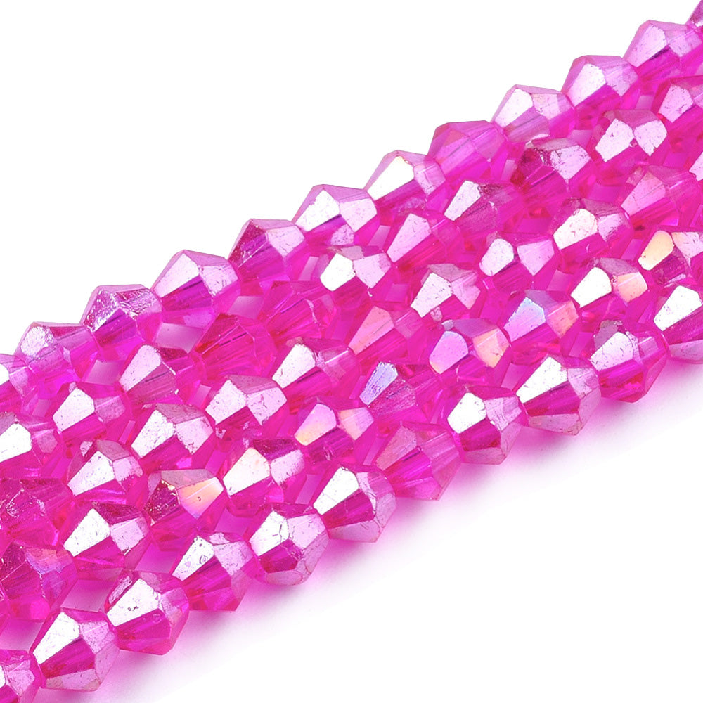 Magenta AB Color Plated Glass Crystal Beads, Electroplated, Faceted, Hot Pink Color, Bicone, Crystal Beads for Jewelry Making.  Size: 4mm Length, 4mm Width, Hole: 1mm; approx. 92-96pcs/strand, 14" inches long.  Material: The Beads are Made from Glass. Austrian Crystal Imitation Glass Crystal Beads, Bicone, Magenta Colored Beads. Polished, Shinny Finish. 