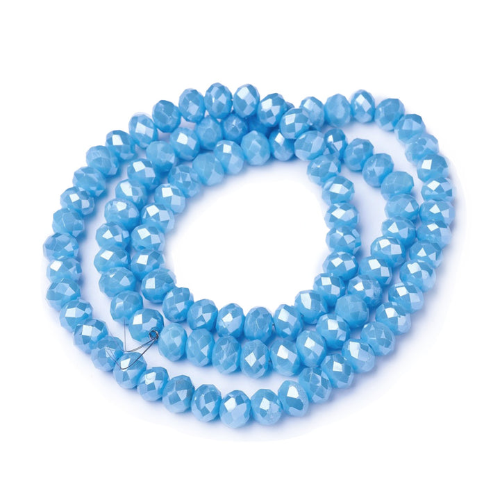 Electroplated Glass Crystal Beads, Faceted, Opaque Sky Blue Color, Rondelle, AB Color Plated Glass Crystal Beads for Jewelry Making.  Size: 6mm Diameter, 5mm Thick, Hole: 1mm; approx. 85-90pcs/strand, 16" inches long.  Material: The Beads are Made from Glass. Electroplated Glass Crystal Beads, Rondelle, Sky Blue Color, AB Color Plated Beads. Polished, Shinny Finish.