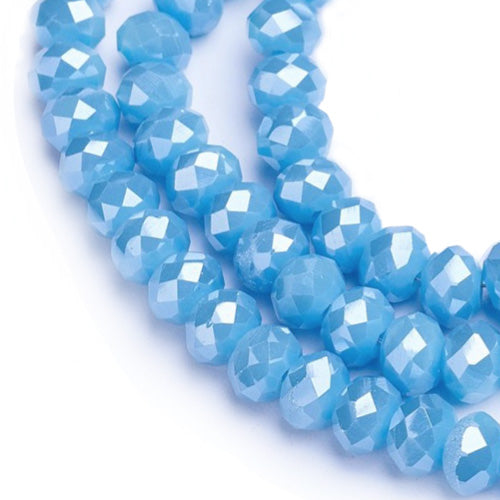 Electroplated Glass Crystal Beads, Faceted, Opaque Sky Blue Color, Rondelle, AB Color Plated Glass Crystal Beads for Jewelry Making.  Size: 6mm Diameter, 5mm Thick, Hole: 1mm; approx. 85-90pcs/strand, 16" inches long.  Material: The Beads are Made from Glass. Electroplated Glass Crystal Beads, Rondelle, Sky Blue Color, AB Color Plated Beads. Polished, Shinny Finish.