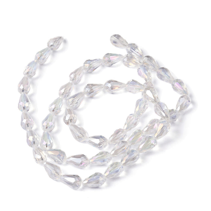 Transparent Teardrop Crystal Glass Beads, Faceted, AB Color Plated Plated Clear Color, Glass Crystal Beads for Jewelry Making.  Size: 15mm Length, 10mm Thick, Hole: 1.5mm; approx. 48pcs/strand, 30" inches long.  Material: The Beads are Made from Glass. Electroplated Glass Crystal Beads, Teardrop Shaped, AB Color Plated Plated Clear Colored Beads. Polished, Shinny Finish.