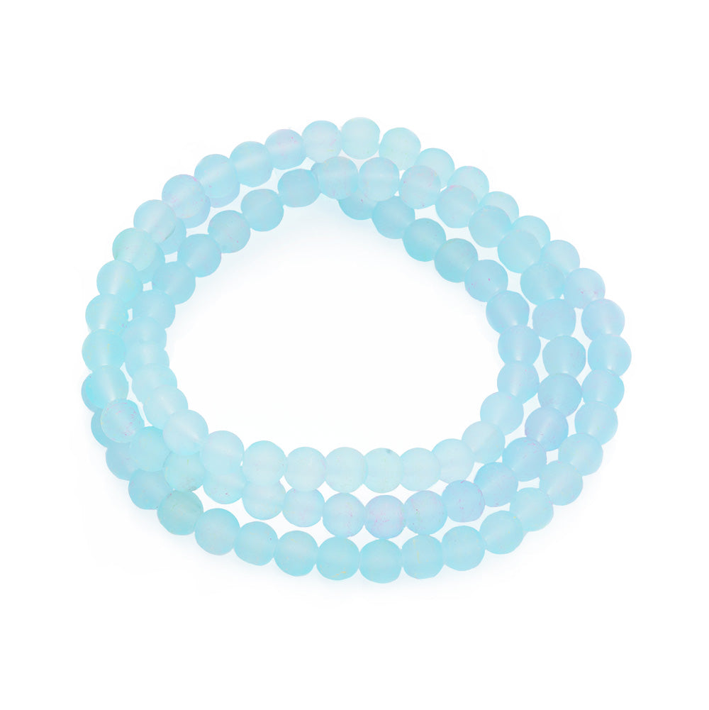 soft blue frosted glass beads. affordable matte blue glass beads. Frosted Glass Beads, Round, Light Blue Color. Matte Glass Bead Strands for DIY Jewelry Making. Affordable, Colorful Frosted Beads. Great for Stretch Bracelets.  Size: 8mm Diameter Hole: 2mm; approx. 105pcs/strand, 31" Inches Long.