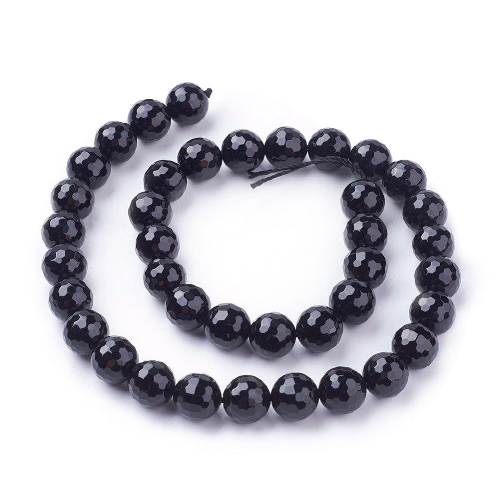 Gorgeous Faceted, Round Black Onyx Beads. Semi-Precious Gemstone Beads for DIY Jewelry Making.   Size: 10-10.5mm Diameter, Hole: 1mm; approx. 36-38pcs/strand, 15" Inches Long.  Material: Premium Grade Faceted Black Onyx, Black Color. Polished, Shinny Finish.