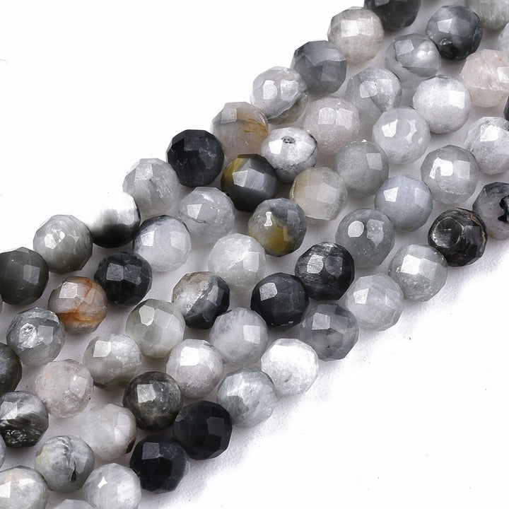 Faceted Eagle Eye Stone Beads, Round, Grey Black Color. Semi-Precious Gemstone Beads for Jewelry Making.   Size: 4mm Diameter, Hole: 0.8mm; approx. 110pcs/strand, 15" Inches Long.  Material: Genuine Eagle Eye Stone Beads. Faceted, Grey Beads. Polished, Shinny Finish.