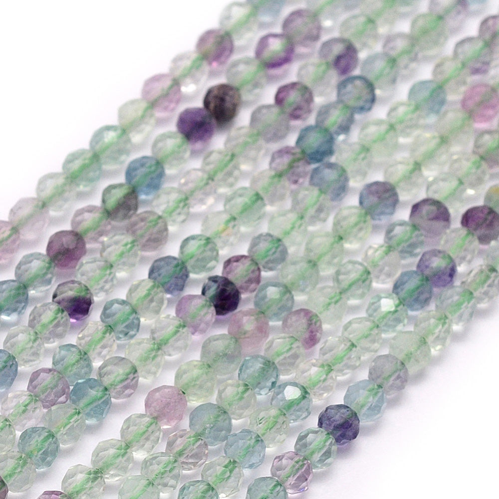 Faceted, Round Natural Fluorite Beads, Round, Multi-Color Pale Green Color. Semi-precious Gemstone Fluorite Beads for DIY Jewelry Making.   Size: 2mm Diameter, Hole: 0.5mm, approx. 220-223pcs/strand, 15 inches long.  Material: Faceted Genuine Natural Fluorite Loose Stone Beads, Round Polished Stone Beads.