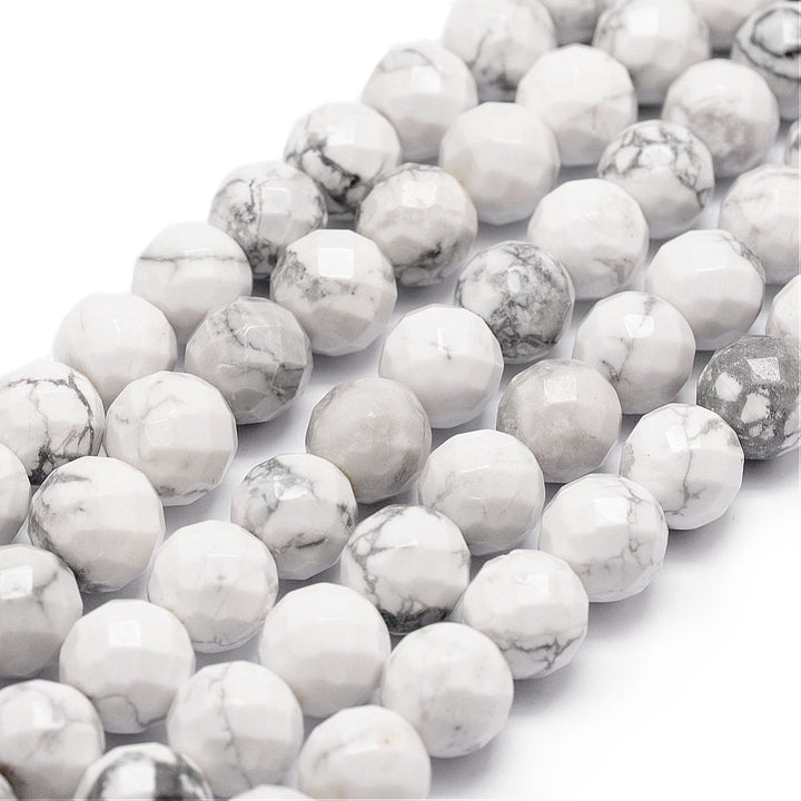 Natural Faceted, Round White Howlite Beads. Semi-precious Stone Beads for DIY Jewelry Making.   Size: 8mm Diameter, Hole: 1mm, approx. 48pcs/strand, 15" Inches Long.  Material: Genuine White Howlite Faceted Stone Beads. White Color. Polished Finish. 