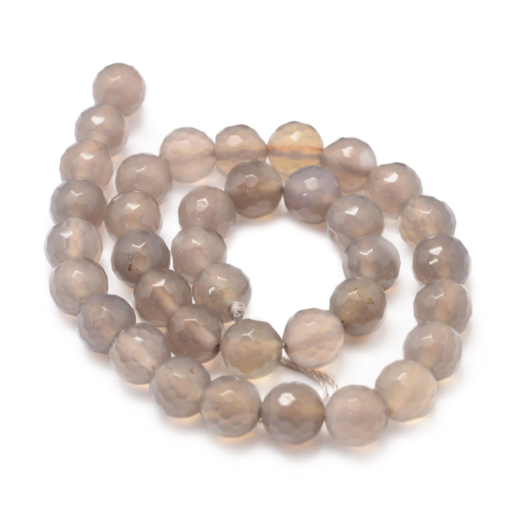 Faceted Grey Agate Natural Agate Beads, Round, Grey Color. Faceted, Round Semi-Precious Gemstone Beads for Jewelry Making.  Size: 8mm Diameter, Hole: 1mm; approx. 45-48pcs/strand, 14" Inches Long.  Material: Faceted Round Natural Grey Agate. High Quality Stone Beads. Polished Finish.