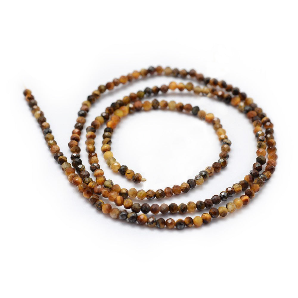 Faceted, Round Natural Tiger Eye Beads, Round, Yellow Brown Color. Semi-precious Gemstone Tiger Eye Beads for DIY Jewelry Making.   Size: 2mm Diameter, Hole: 0.5mm, approx. 185-189pcs/strand, 14.5 inches long.  Material: Faceted Genuine Natural Tiger Eye Loose Stone Beads, Round Polished Stone Beads.  Tiger Beads can Promote Positive Energy and Inspires Courage and Confidence. Great Gift for Crafty Friends or Family. 