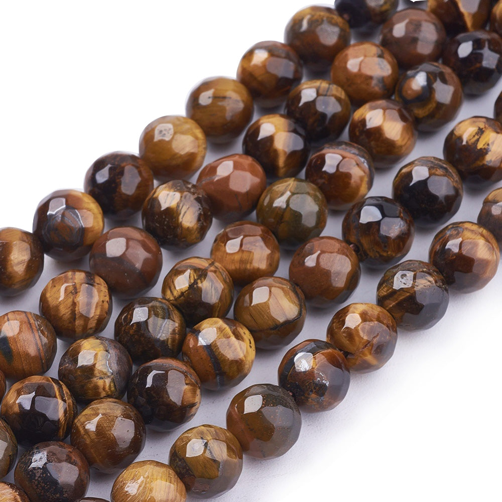 Faceted, Round Natural Tiger Eye Beads, Round, Yellow Color. Semi-precious Gemstone Tiger Eye Beads for DIY Jewelry Making.   Size: 8mm Diameter, Hole: 1mm, approx. 46-48pcs/strand, 15 inches long.  Material: Faceted Genuine Natural Tiger Eye Loose Stone Beads, Round Polished Stone Beads.  Tiger Beads can Promote Positive Energy and Inspires Courage and Confidence. 