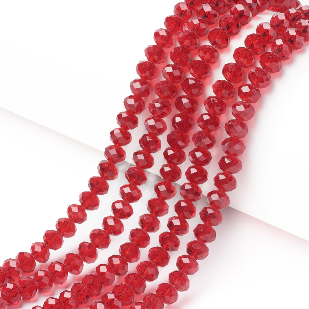 Glass Crrystal Beads, Faceted, Fire Brick Red Color, Rondelle, Glass Crystal Bead Strands. Shinny Crystal Beads for Jewelry Making.  Size: 8mm Diameter, 6mm Thick, Hole: 1mm; approx. 65pcs/strand, 16" inches long.  Material: The Beads are Made from Glass. Glass Crystal Beads, Rondelle, Fire Brick Red Colored Austrian Crystal Imitation Beads. Polished, Shinny Finish.