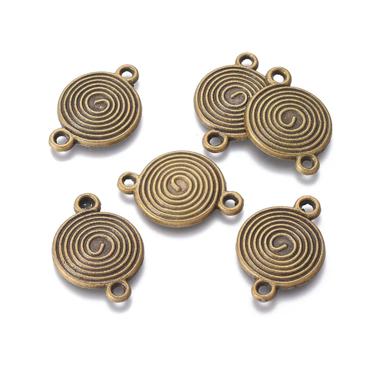 Link Connectors, Flat Round Vortex. Antique Bronze Color Connector for DIY Jewelry Making.   Size: 26mm Length, 18mm Width, 2mm Thick, Hole: 2mm, Quantity: 2pcs/bag.  Material: Alloy (Lead and Cadmium Free) Connectors, Links. Flat Round Vortex, Bronze Color. 