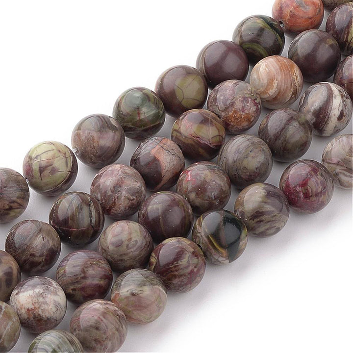 Flower Agate Beads, Round Semi-Precious Gemstone Beads for Jewelry Making.   Size: 8-8.5mm Diameter, Hole: 1mm; approx. 45-47pcs/strand, 15" Inches Long.  Material: Flower Agate, Dyed Multi Color Natural Stone Beads. Polished Finish.