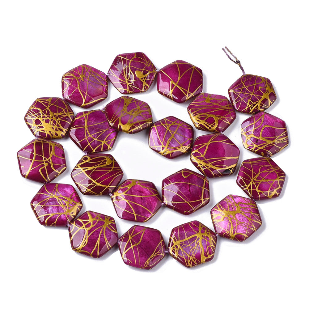 Freshwater Shell Beads, Hexagon, Burgundy Purple Color, 18x17x3.5mm, 20pcs/strand