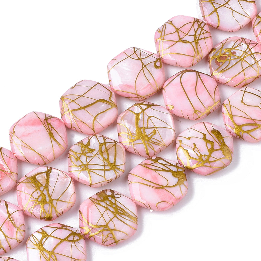 Freshwater Shell Beads, Hexagon Shape, Pearl Pink Color. Freshwater Shell Beads for Jewelry Making. Affordable High Quality Beads for Jewelry Making.  Size: 18-20mm Long, 17.5-18.5 Wide, 3.5-5.5mm Thick, Hole: 1mm; approx. 20 pcs/strand, 14" inches long.  Material: The Beads are Natural Freshwater Shell Beads, Hexagon Shaped, dyed Pearl Pink color. Shinny Finish.