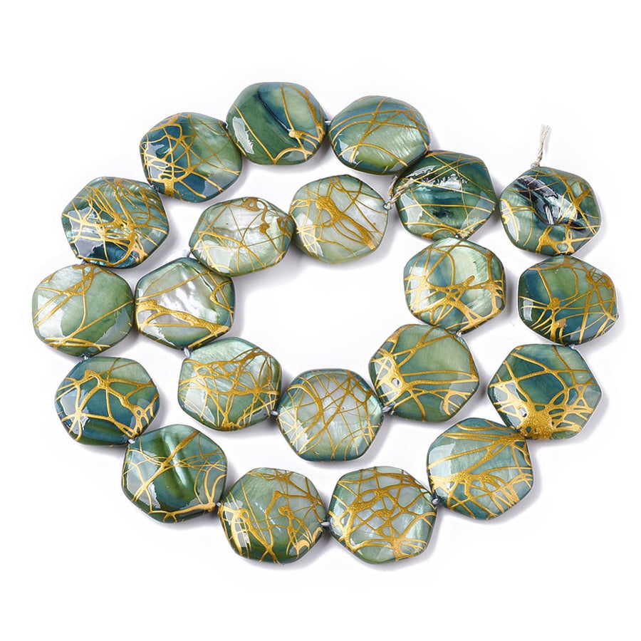 Freshwater Shell Beads, Hexagon Shape, Sea Green Color. Freshwater Shell Beads for Jewelry Making. Affordable High Quality Beads for Jewelry Making.  Size: 18-20mm Long, 17.5-18.5 Wide, 3.5-5.5mm Thick, Hole: 1mm; approx. 20 pcs/strand, 14" inches long.  Material: The Beads are Natural Freshwater Shell Beads, Hexagon Shaped, dyed Sea Green color. Shinny Finish.