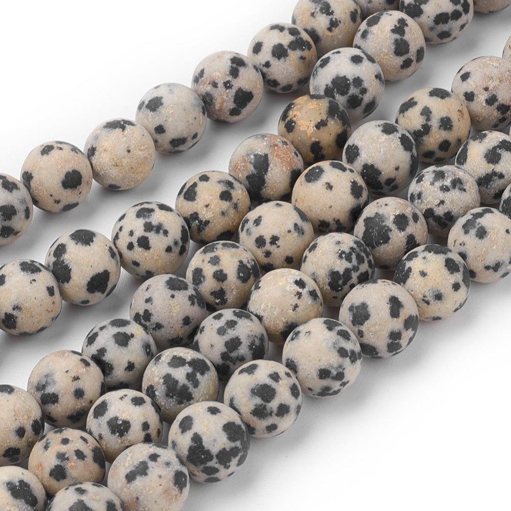 Frosted Natural Dalmatian Jasper Beads Strands, Round. Dalmatian Stone, Matte Semi-precious Gemstone Beads for DIY Jewelry Making.  Size: 8mm Diameter, Hole: 1mm, approx. 45pcs/strand, 15.5" Inches Long.   Material: Frosted Genuine Dalmatian Jasper Semi Precious Stone Beads, Round, Cream Color with Black Spots. Unpolished Matte Finish.