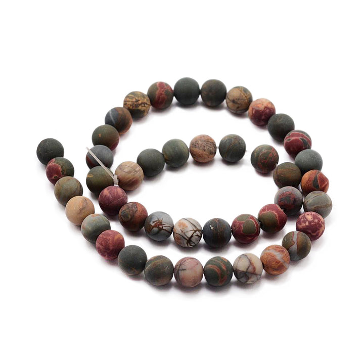 Frosted Natural Picasso Jasper Beads, Round, Dark Red Multi Color. Semi-Precious Gemstone Beads for Jewelry Making. Great for making Mala Bracelets.  Size: 10mm Diameter, Hole: 1mm; approx. 38pcs/strand, 15" inches long.  Material: The Beads are Genuine Picasso Jasper Stone. Unpolished, Matte Finish.