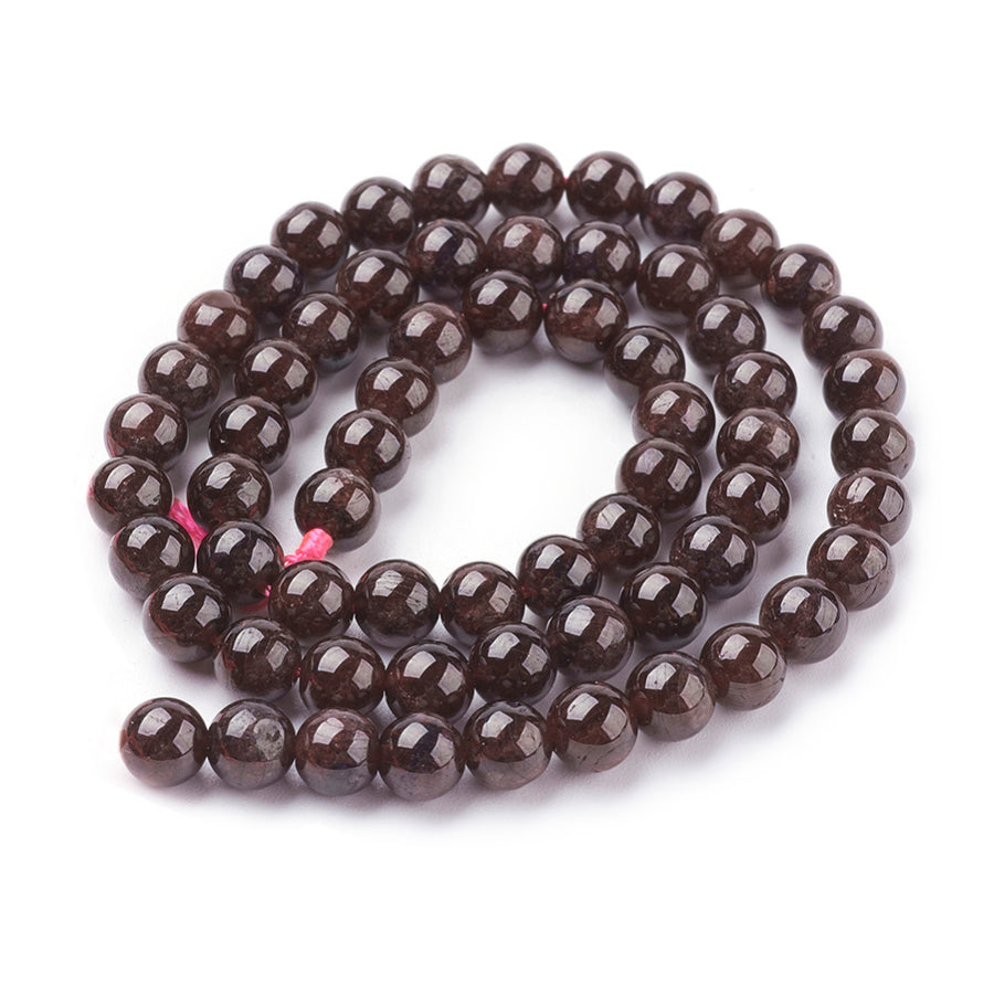 Dark Red Garnet Beads, Round, Red Color. Semi-Precious Gemstone Beads for Jewelry Making. Great for Stretch Bracelets and Necklaces.  Size: 6mm Diameter, Hole: 1mm; approx. 60pcs/strand, 14.5" Inches Long.  Material: Natural Dark Red Garnet Stone Beads. Polished, Shinny Finish.