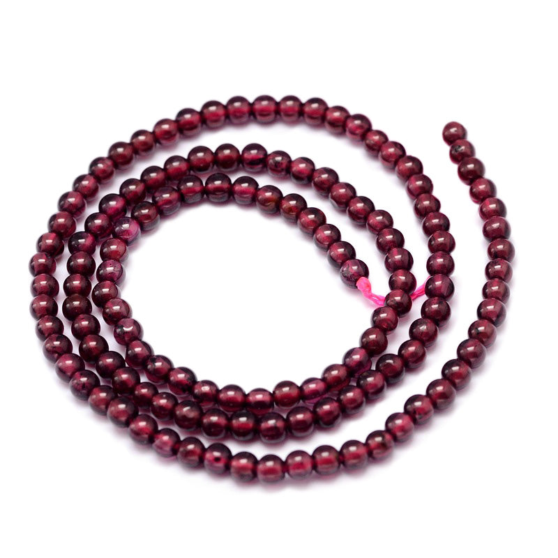 Premium Grade Garnet Beads, Round, Dark Red Color. Semi-Precious Gemstone Beads for Jewelry Making.   Size: 4mm Diameter, Hole: 1mm; approx. 92pcs/strand, 15" Inches Long.  Material: Premium Grade "A" Genuine Dark Red Garnet Stone Beads. Polished, Shinny Finish.