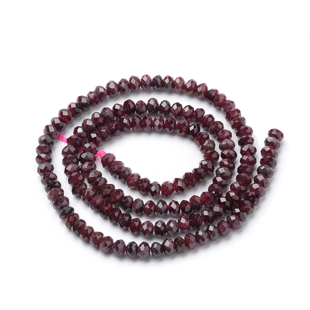 Garnet Beads, Rondelle, Faceted, Dark Red Color. Semi-Precious Gemstone Beads for DIY Jewelry Making. Gorgeous, High Quality Stone Beads.  Size: 4mm Diameter, 2.5-3mm Thick, Hole: 0.5mm; approx. 140pcs/strand, 15" Inches Long.  Material: Genuine Natural Garnet Beads, Rondelle, Faceted, Dark Red Color. Polished, Shinny Finish. 