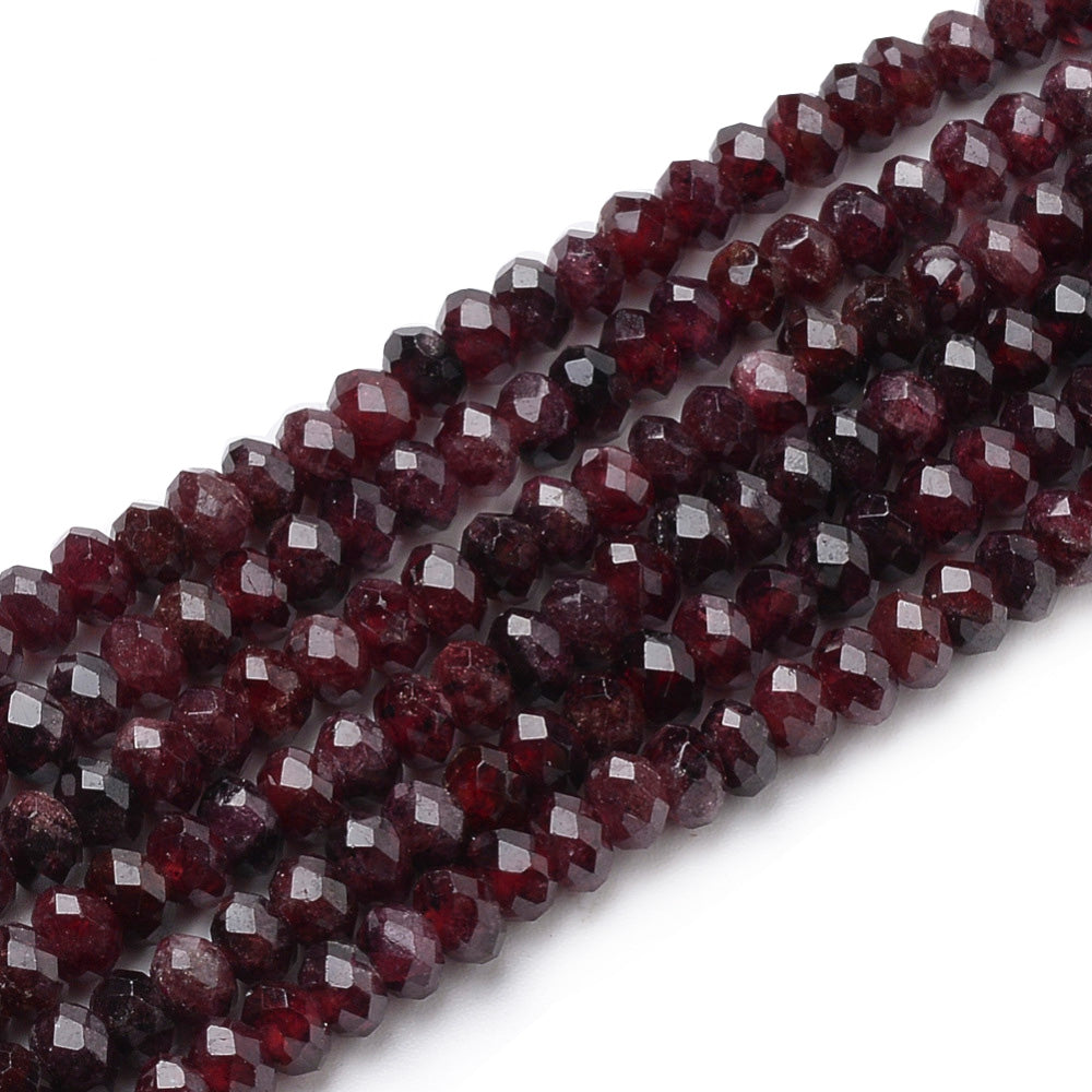 Garnet Beads, Rondelle, Faceted, Dark Red Color. Semi-Precious Gemstone Beads for DIY Jewelry Making. Gorgeous, High Quality Stone Beads.  Size: 4mm Diameter, 2.5-3mm Thick, Hole: 0.5mm; approx. 140pcs/strand, 15" Inches Long.  Material: Genuine Natural Garnet Beads, Rondelle, Faceted, Dark Red Color. Polished, Shinny Finish. 