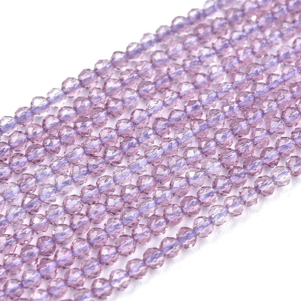 Faceted Round Glass Beads, Lilac Color Glass Beads for Jewelry Making.  Size: 2mm Diameter, Hole: 0.5mm; approx. 175pcs/strand, 14" inches long.  Material: Faceted Glass Beads; Round, Lilac Color Quartz Imitation Beads. Shinny Finish.