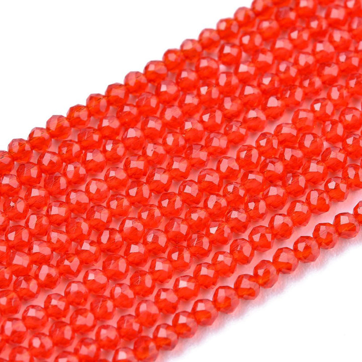 Faceted Round Glass Beads, Orange Red Color Glass Beads for Jewelry Making.  Size: 2mm Diameter, Hole: 0.5mm; approx. 175pcs/strand, 14" inches long.  Material: Faceted Glass Beads; Round, Red Color Quartz Imitation Beads. Shinny Finish.