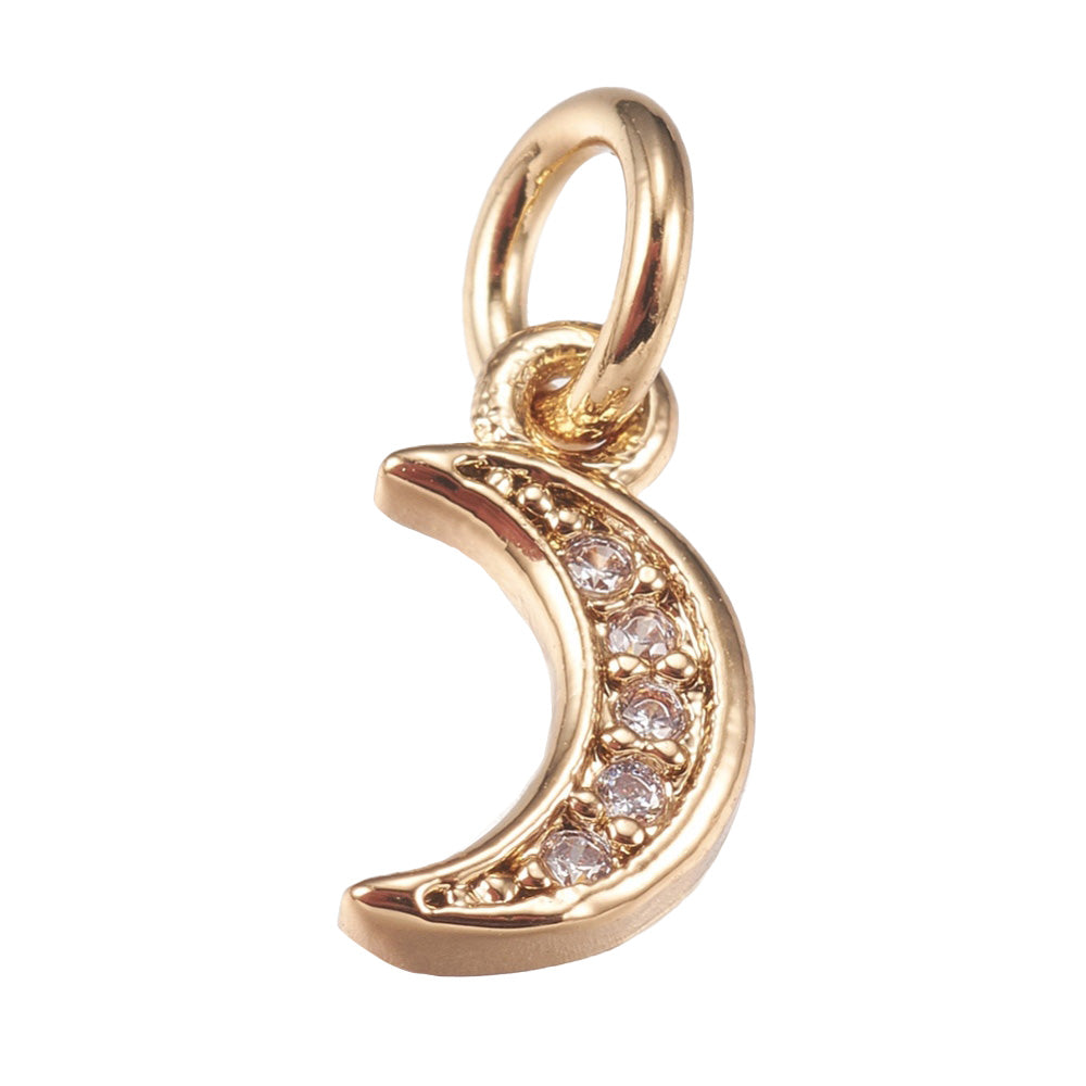 Brass Micro Pave Cubic Zirconia Moon Charm Beads, Gold Color Heart Charm with Clear Cubic Zirconia for DIY Jewelry Making. Charms for Bracelet and Necklace Making. www.beadlot.com